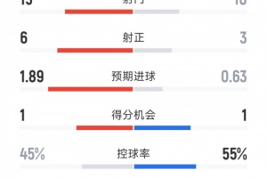 纽卡2-0切尔西全场数据：射门15-10，射正6-3，红牌0-1