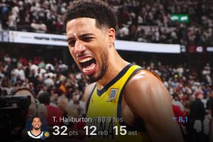💥哈利伯顿至少30分10板15助+0失误！NBA季后赛历史第1人！