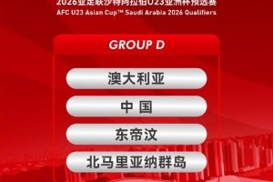 U23亚预赛抽签，中国与澳大利亚、东帝汶、北马里亚纳群岛同组