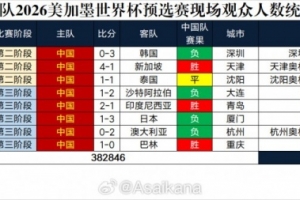 中国男子足球队2026美加墨世界杯预选赛现场观众人数统计