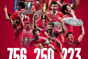 拜仁社媒致敬穆勒：拜仁生涯756场250球223助，33座冠军奖杯🏆