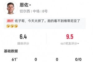 兑子！恩佐本场0射0关键传球 5对抗1成功 获评6.4分全队最低
